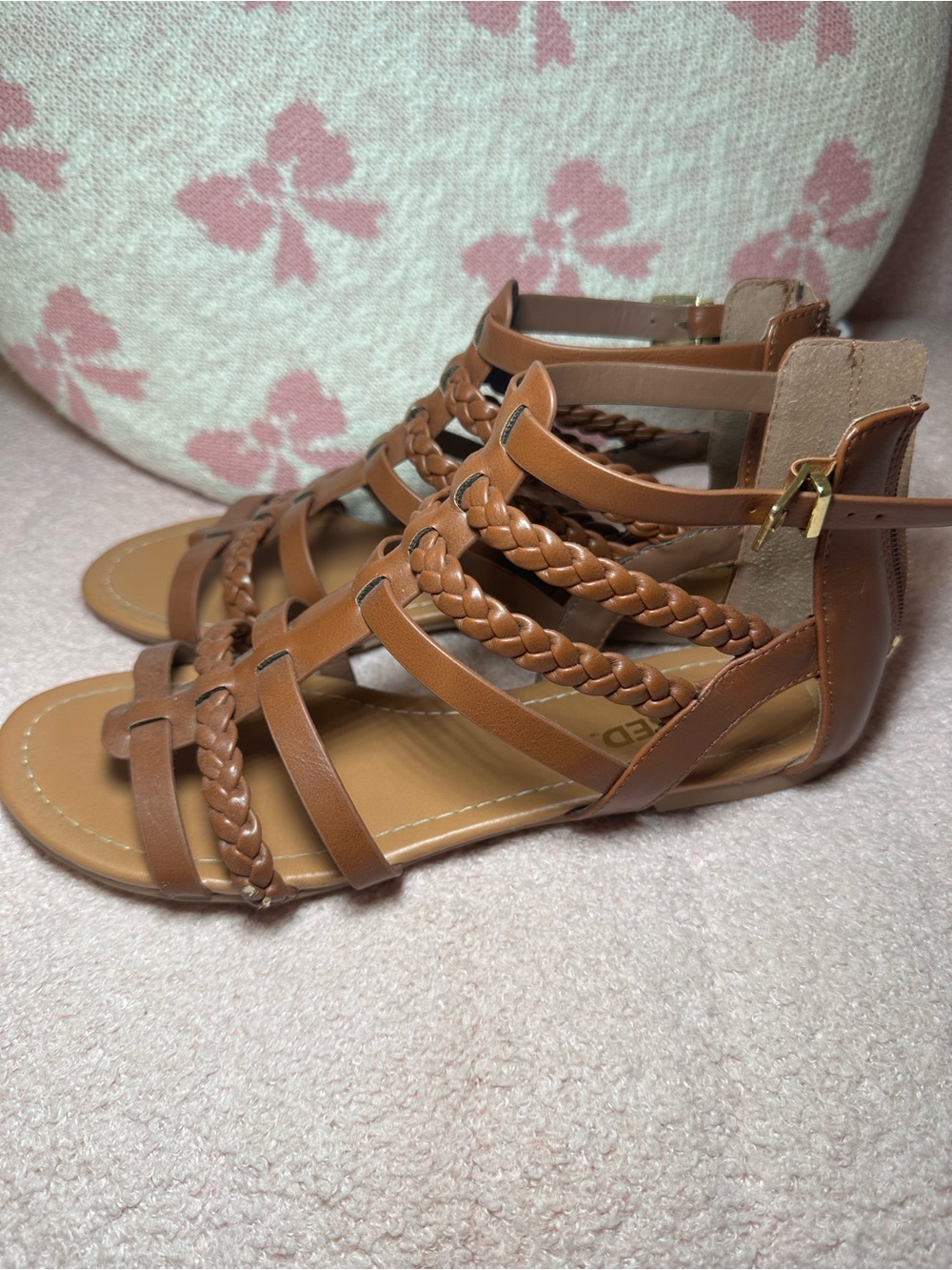Braided Strappy Gladiator Sandals - Cognac Brown